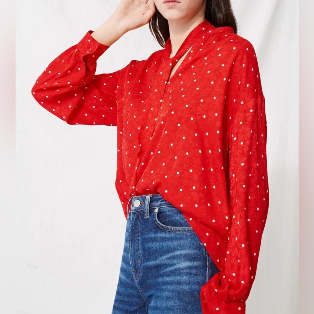 Maje Lipia Tie-neck Polka Dot Jacquard Blouse In Red